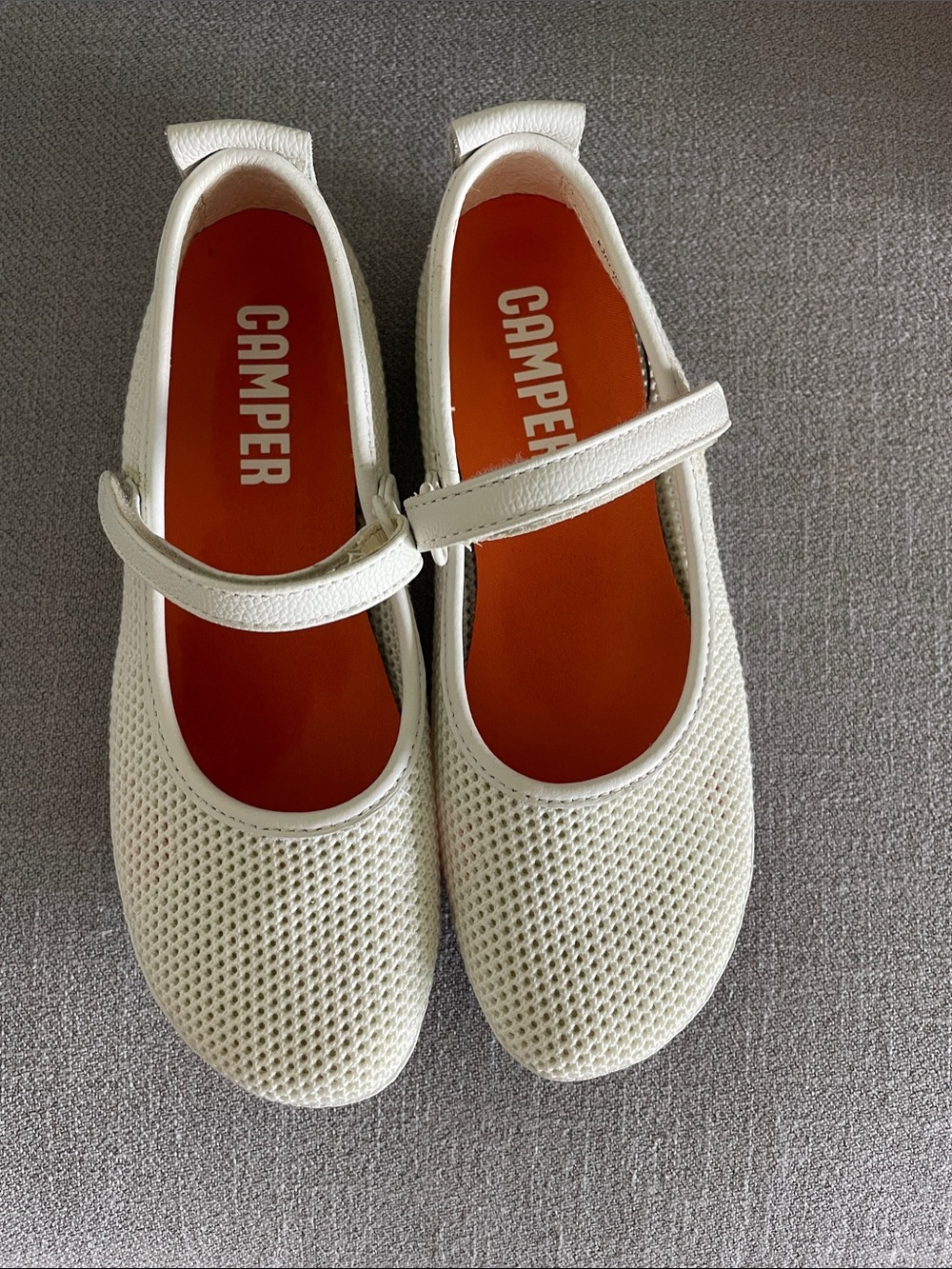 Camper New Condition White Mary Jane Flats with Orange Insole